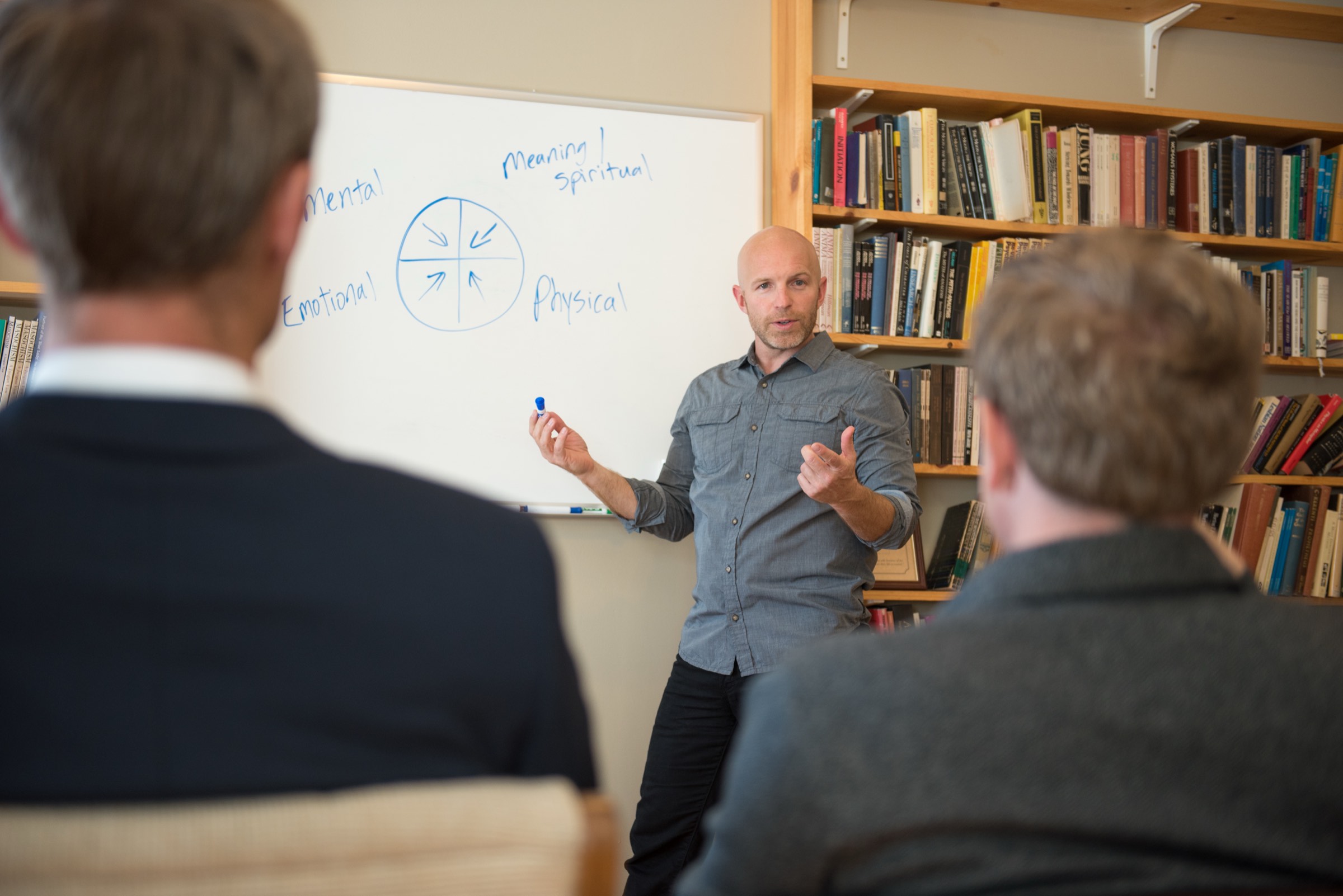 Dan Ronken teaching a group, standing at a whiteboard showing a circle divided into mental, emotional, physical, and meaning or spiritual.
